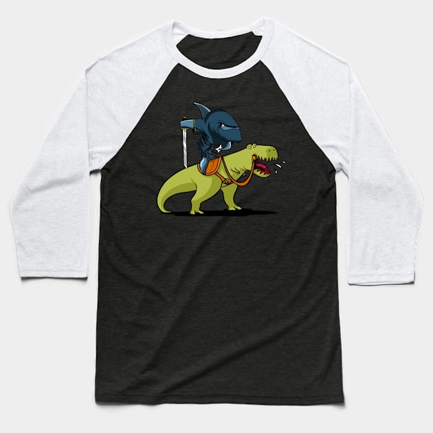 Shark Ninja Riding T-Rex Dinosaur Baseball T-Shirt by underheaven